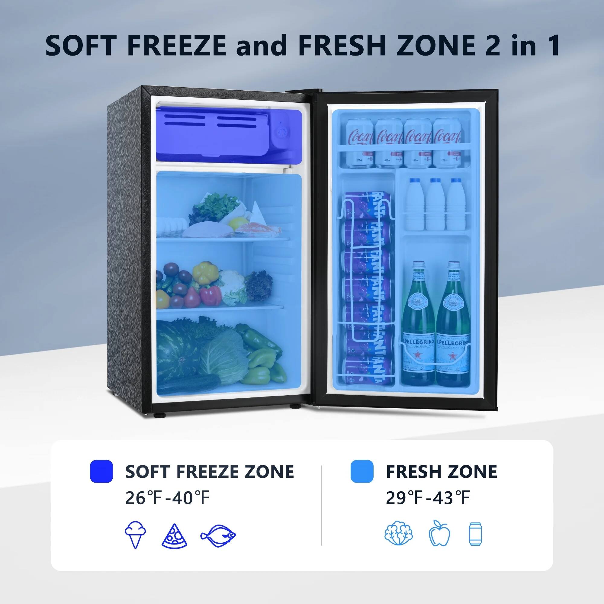 SOFT FREEZE and FRESH ZONE 2 in 1

SOFT FREEZE ZONE
26°F - 40°F

FRESH ZONE
29°F - 43°F