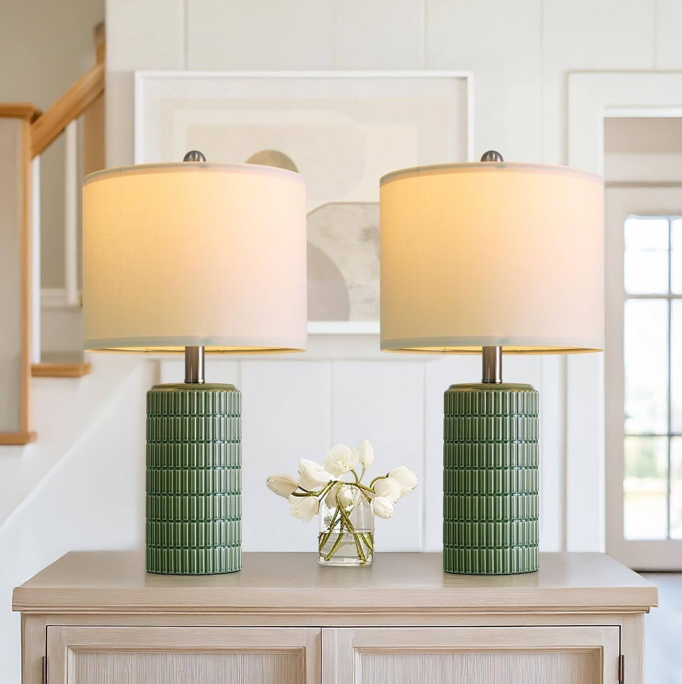 Alt View 1. FINEAK - Modern Ceramic Table Lamps Set of 2 for Stylish Home Decor - Dark Green.