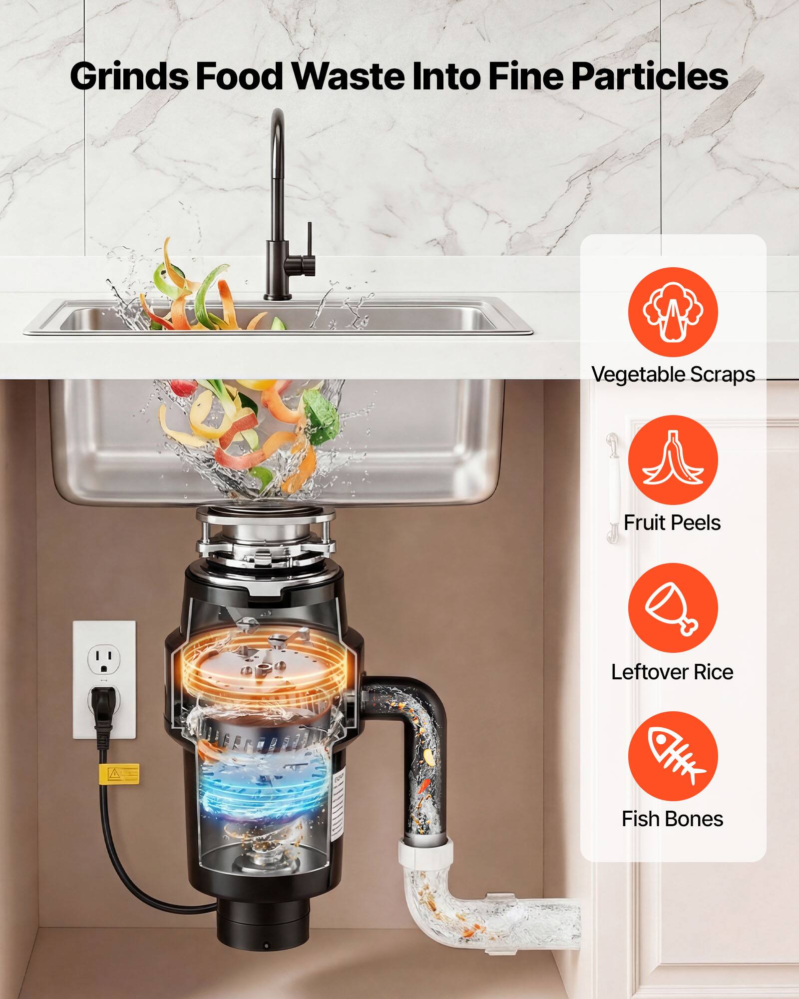Grinds Food Waste Into Fine Particles

- Vegetable Scraps
- Fruit Peels
- Leftover Rice
- Fish Bones