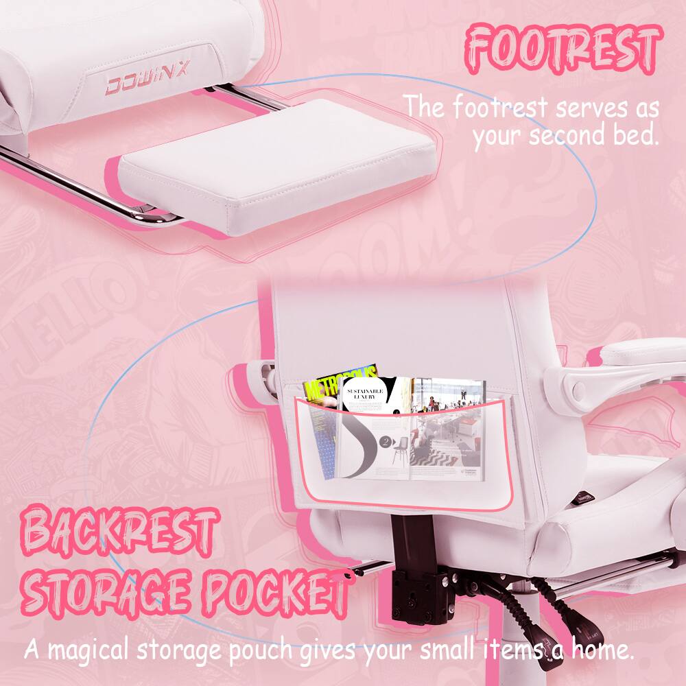 DOWINX HELLO!  
FOOTREST  
The footrest serves as your second bed.  

BACKREST STORAGE POCKET  
A magical storage pouch gives your small items a home.