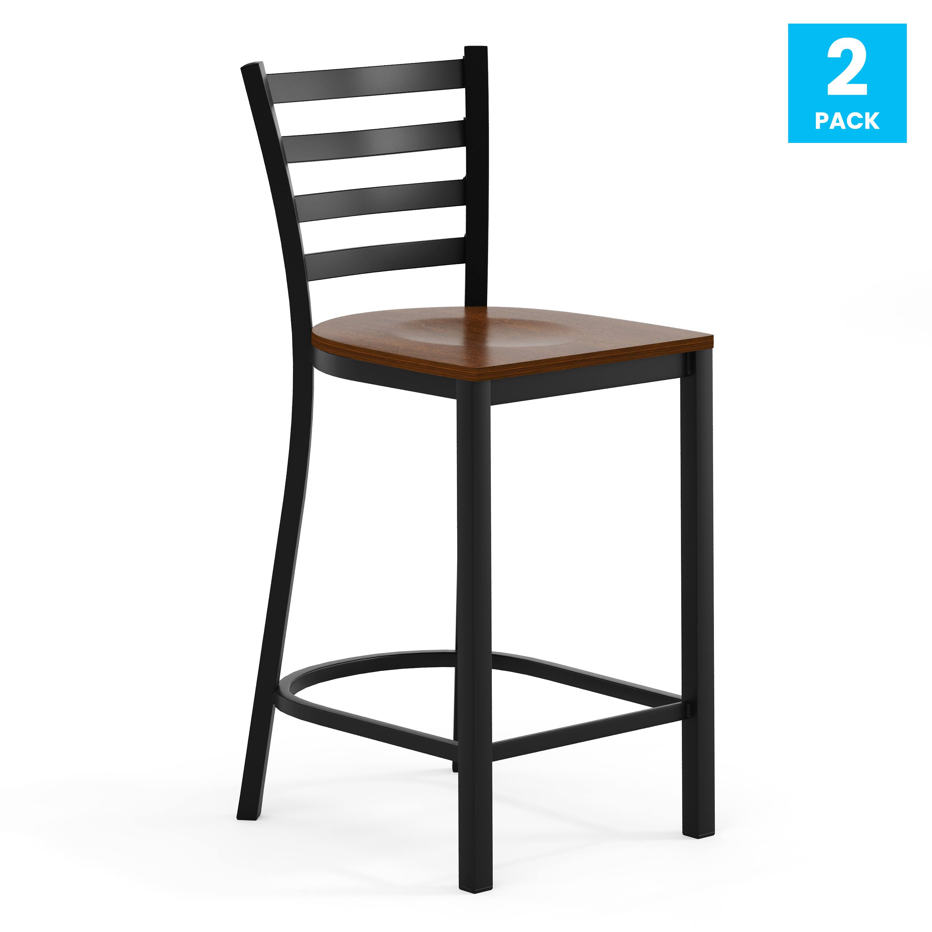 Alt View 1. Emma + Oliver - 2 Pack Ladder Back Metal Restaurant Counter Stool - Upholstered Seat - Cherry Wood Seat/Black Metal Frame.