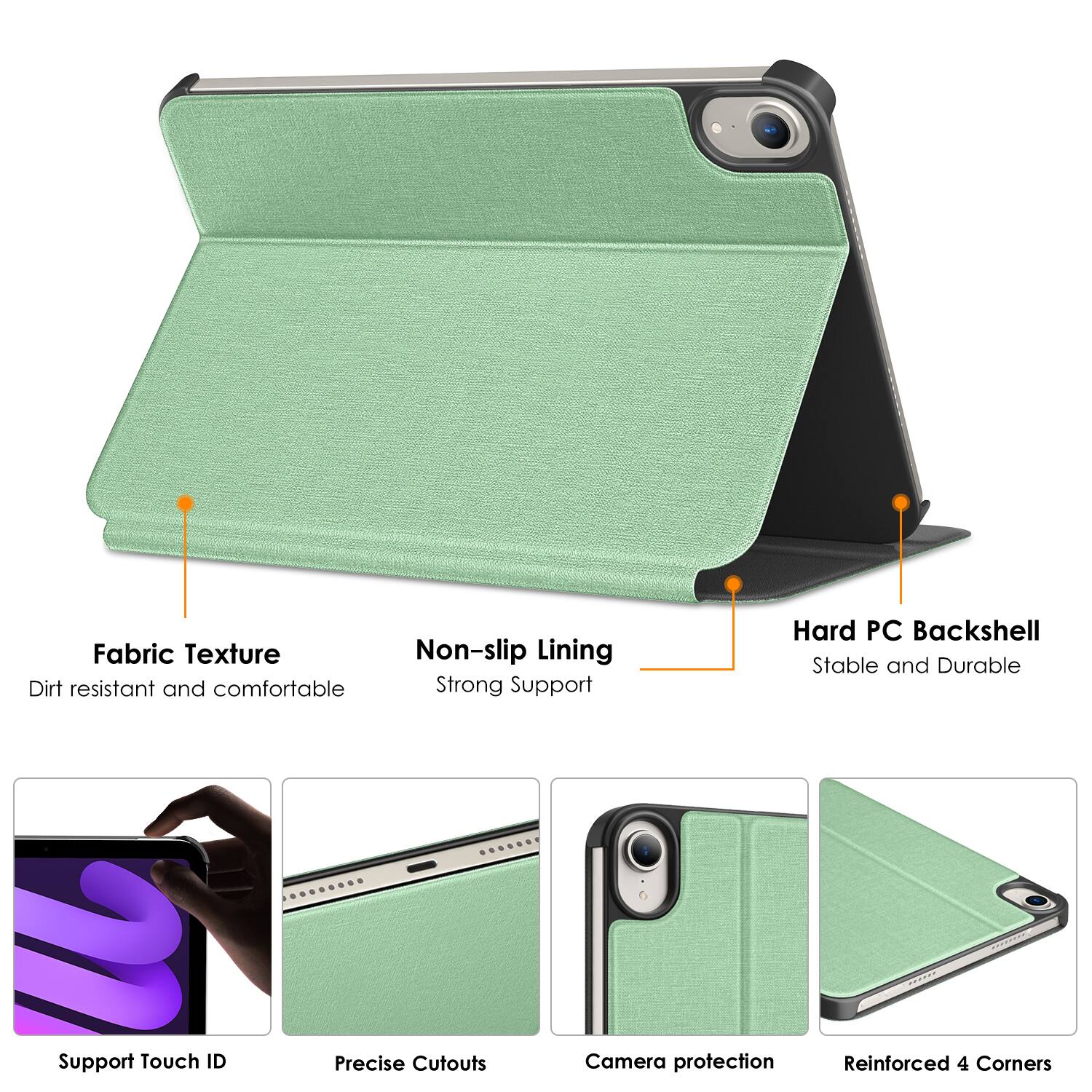 Fabric Texture: Dirt resistant and comfortable  
Non-slip Lining: Strong Support  
Hard PC Backshell: Stable and Durable  
Support Touch ID  
Precise Cutouts  
Camera protection  
Reinforced 4 Corners