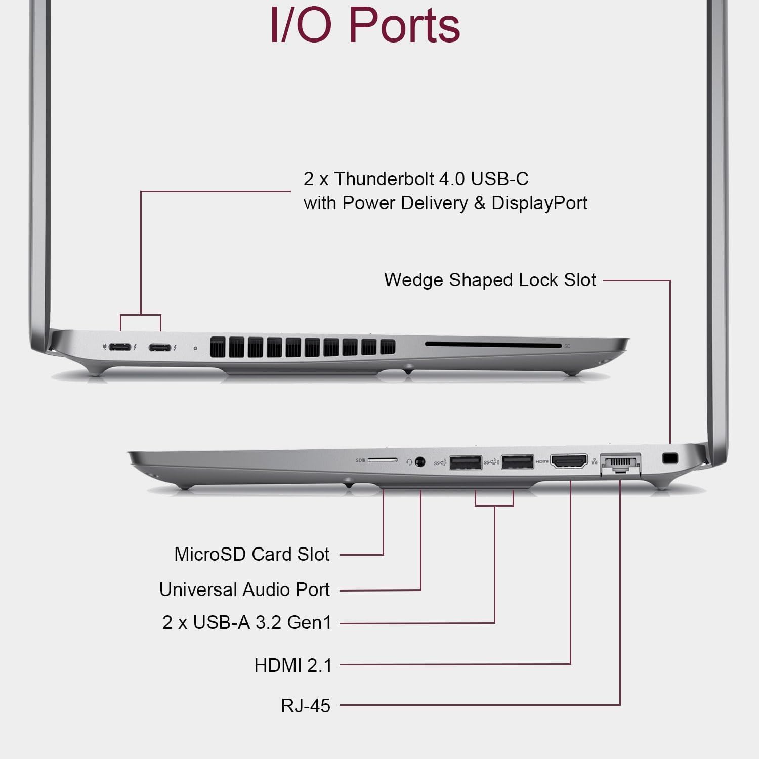 I/O Ports

- 2 x Thunderbolt 4.0 USB-C with Power Delivery & DisplayPort
- Wedge Shaped Lock Slot
- MicroSD Card Slot
- Universal Audio Port
- 2 x USB-A 3.2 Gen1
- HDMI 2.1
- RJ-45