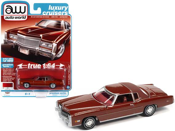 **Luxury Cruisers**
- Die-cast metal body and chassis
- Rubber tires
- Opening hood
**Limited Edition**
1 of 14910
**Premium Facts...**
Most 1975 models now received an expensive catalytic converter to reduce emissions, raising the price of new vehicles. The new "Cadillac" vehicles featured a professional polter Arold Palimer appeared in several ads for 1975 Cadillac vehicles.
**True 1:64**
**1975 Cadillac Eldorado**
**Premium Series**
Release 1
Version B
**6+**