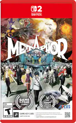02 NINTENDO SWITCH
METAPHOR FANTAZIO RE TM
VER GAME OF THE YEAR WINNER TEEN IGN 2024
SKIMI ADOLESCENTS BEST RPG ATLUS
GAME-KEY CARD
Tlchargement X GB Full game download du jeu complet via Internet (X Go) required. See ncessaire. back. Voir au verso.
ESRB CARTE CLE DE JEU
support.nintendo.com/switch2/gamekeycard - T (Teen 13+)