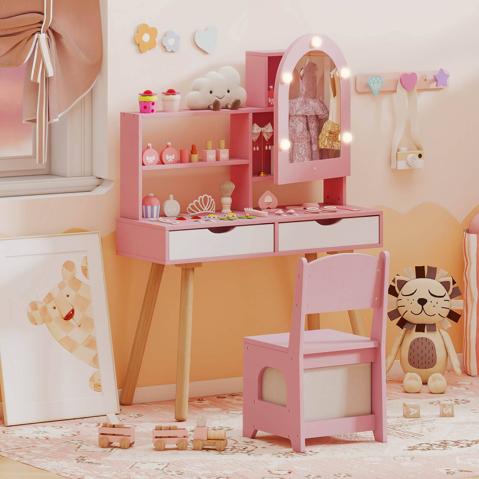 Alt View 3. Costway - Costway Kids Vanity Set with 3-Color Lighting Modes, Adjustable Brightness, Mirror Cabinet - Pink.