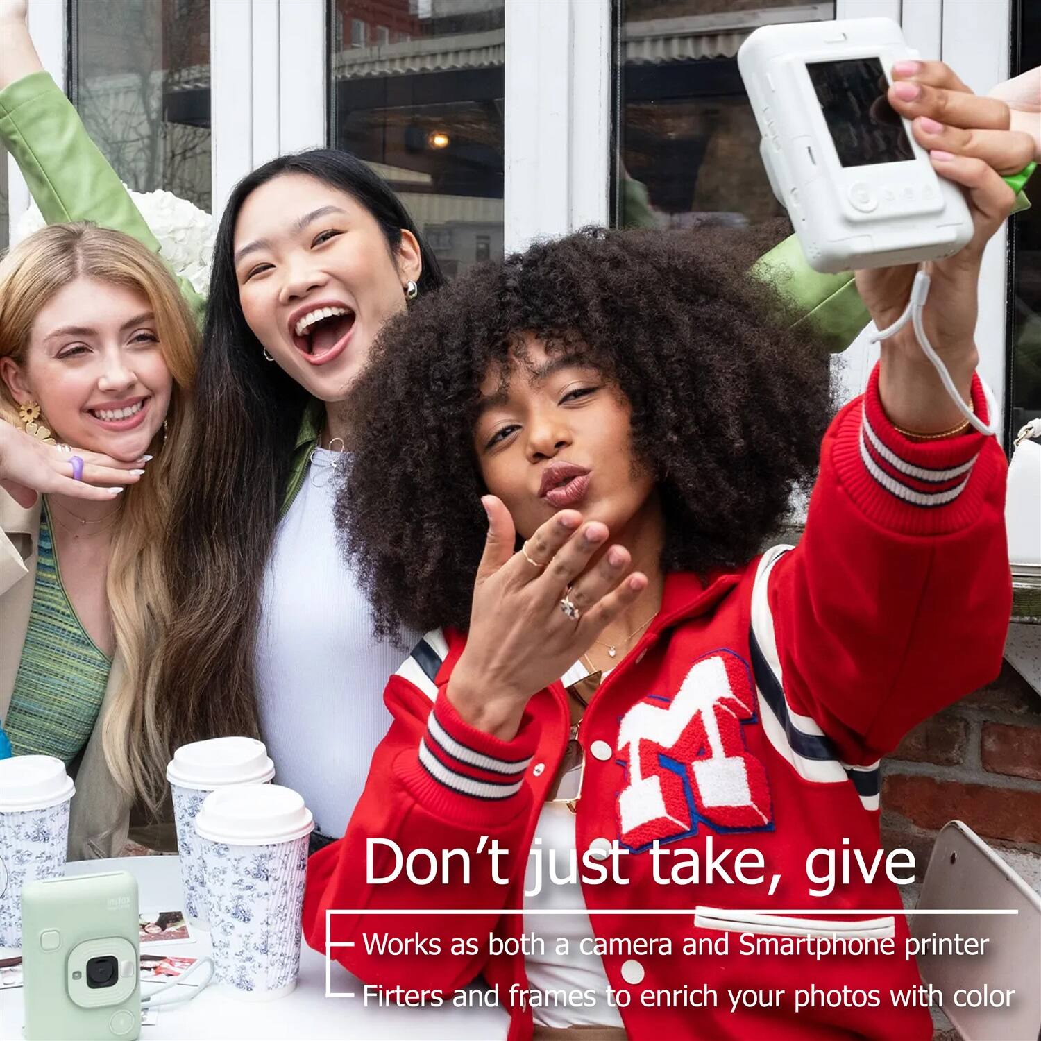 Don't just take, give  
Works as both a camera and Smartphone printer  
Filters and frames to enrich your photos with color