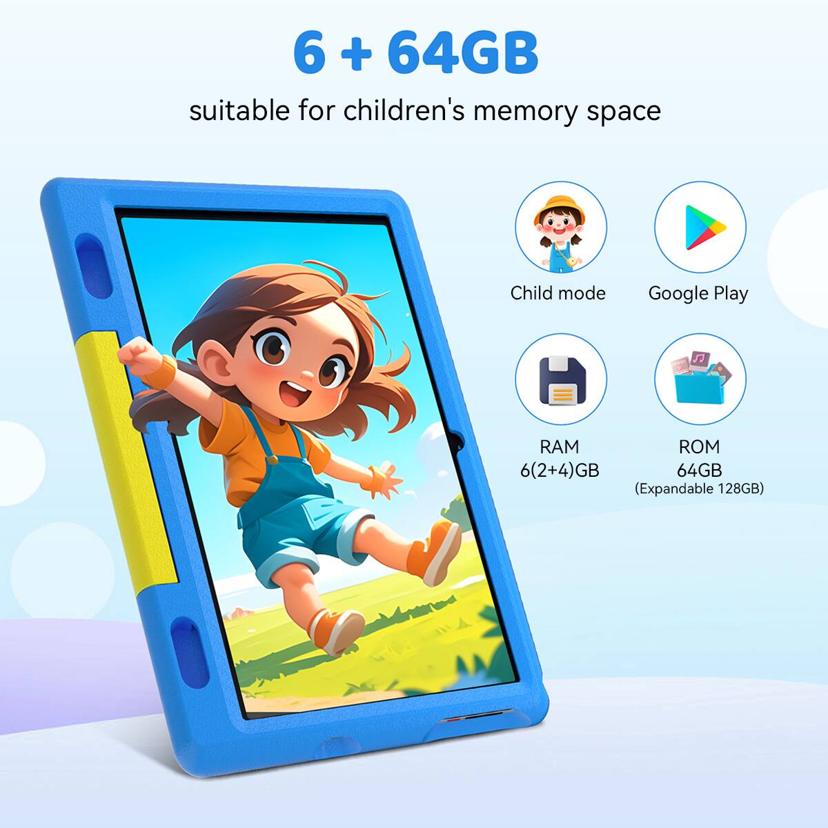 6 + 64GB suitable for children's memory space  
Child mode  
Google Play  
RAM 6(2+4)GB  
ROM 64GB (Expandable 128GB)