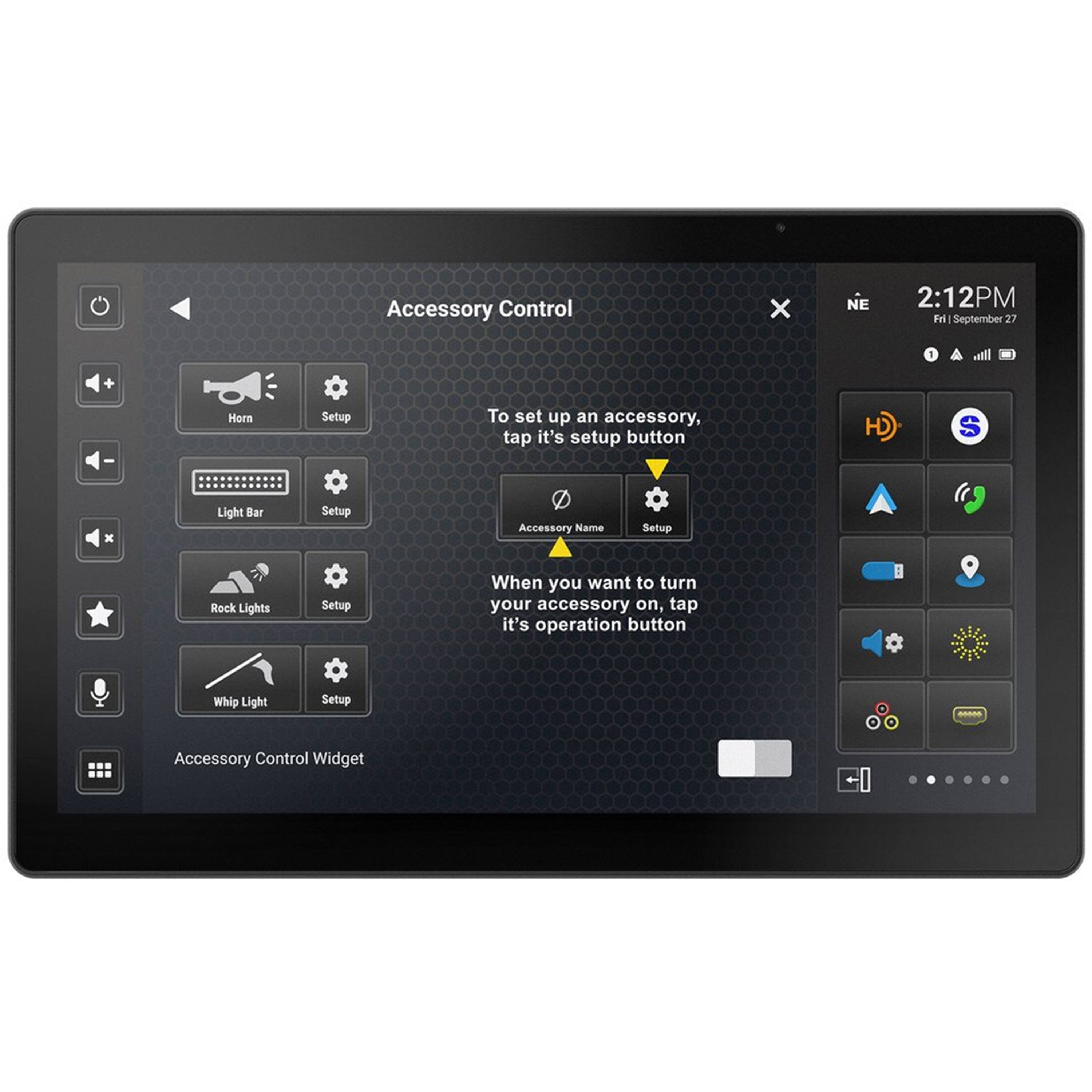 Accessory Control Widget:

* To set up an accessory, tap its setup button.
* Accessory Name: Rock Lights
* When you want to turn your accessory on, tap its operation button.
* Accessory Control:
	+ Horn Setup
	+ Light Bar Setup

The text on the image is grouped and corrected, and it is now clear and concise.
