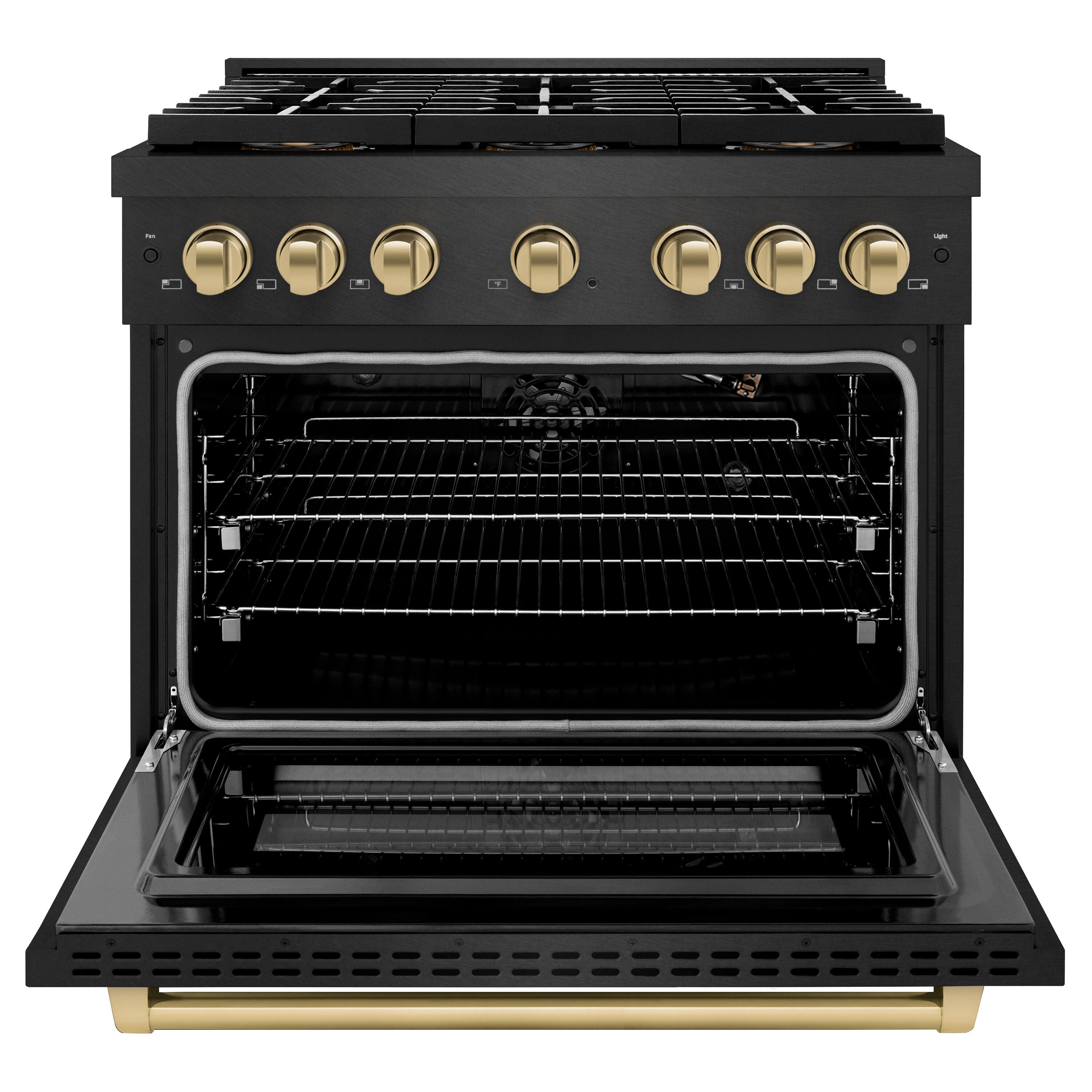 Angle. ZLINE - Autograph 36 in. 5.2 cu. ft. Manual Clean Freestanding DuoPro Gas Range in Black Satin Steel and Bronze Accents - Black Satin Stainless Steel.
