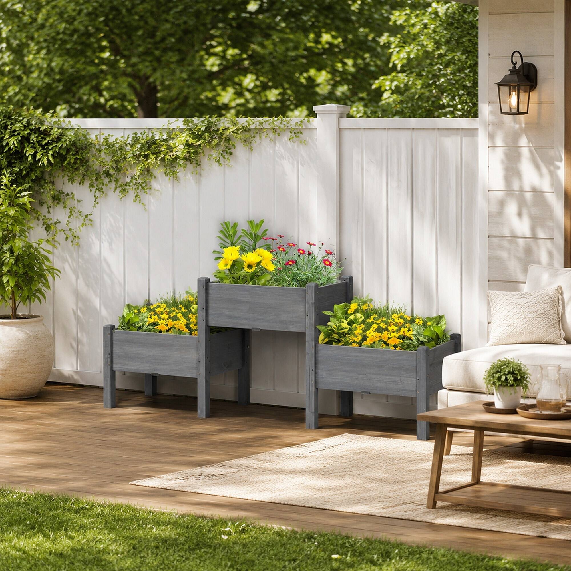 Back. RYHNUYNE - Outsunny Raised Garden Bed with 3 Planter Box, Elevated Fir Wood Plant Stand with Drainage Holes for Vegetables - Gray.