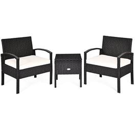 Kadyn - Wicker 3-Piece Outdoor Patio Porch Set Rattan Conversation Furniture Sets with Table and Removable Cushion, Black - White