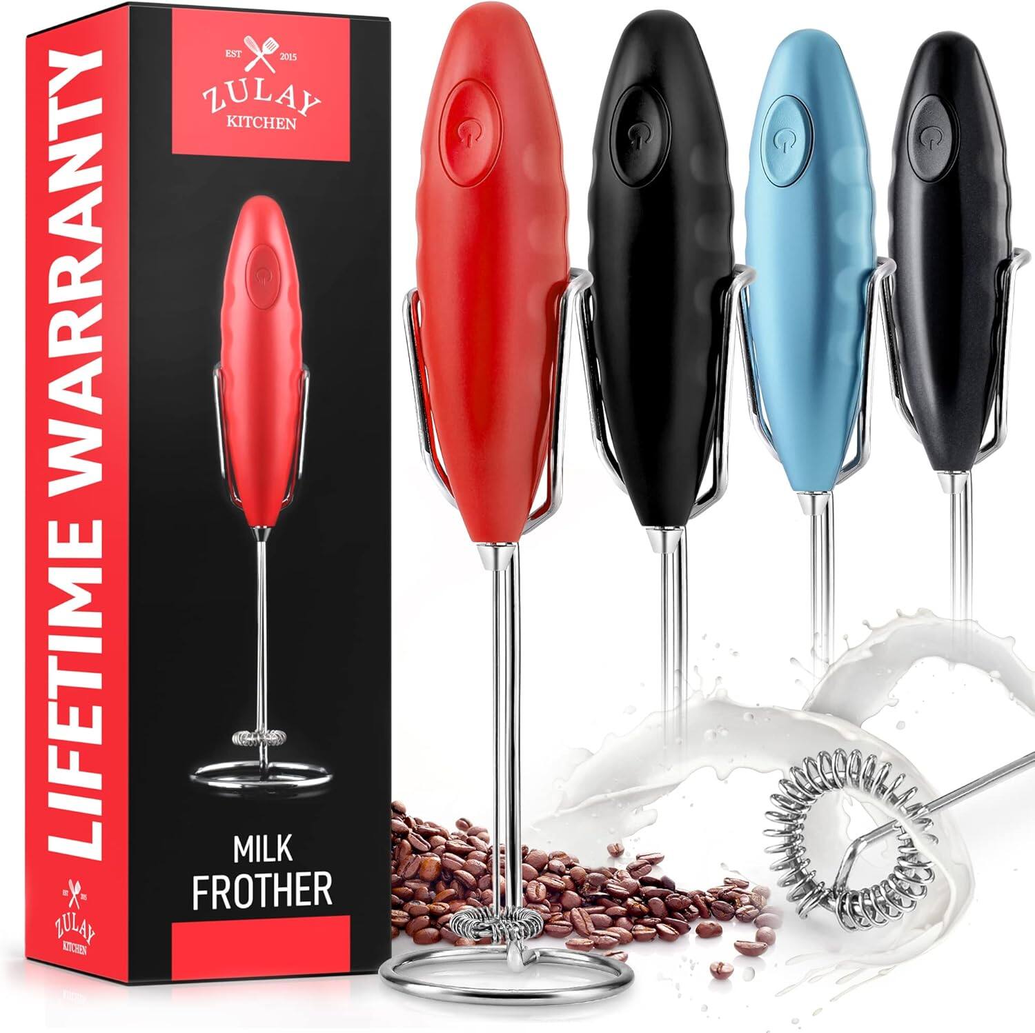 Zulay Kitchen - Double Grip Milk Frother for Coffee With Upgraded Holster Stand - Coffee Frother Handheld - Red