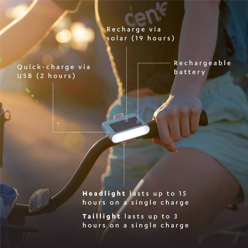 Recharge via solar (19 hours)  
Quick-charge via USB (2 hours)  
Rechargeable battery  

Headlight lasts up to 15 hours on a single charge  
Taillight lasts up to 3 hours on a single charge