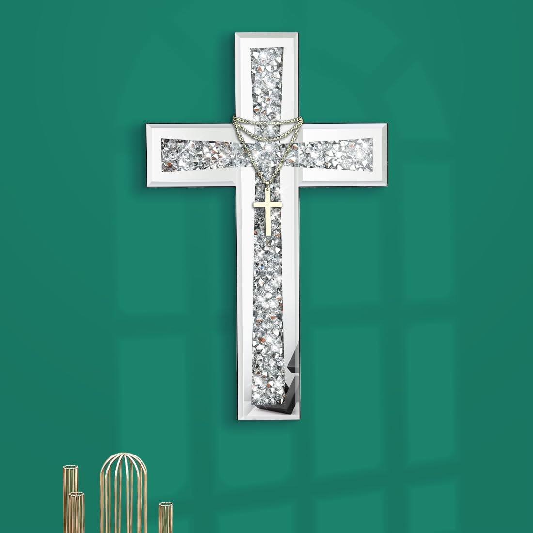 Front. Live At Space - Cross Mirror For Wall Decoration Crystal Crush Mirrored Living Room Bedroom Home Decor - 15"L x 10"W.