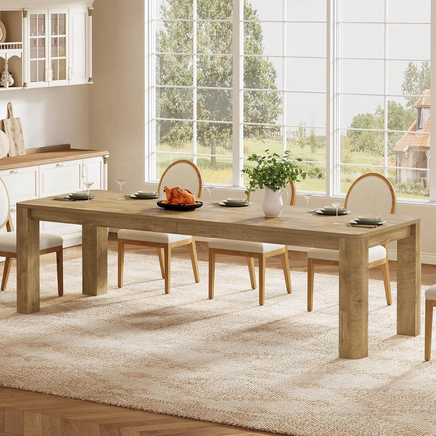 Tribesigns - Farmhouse Dining Table with Engineered Wood Construction and Rounded Edges for Dining Room and Kitchen - Light Brown