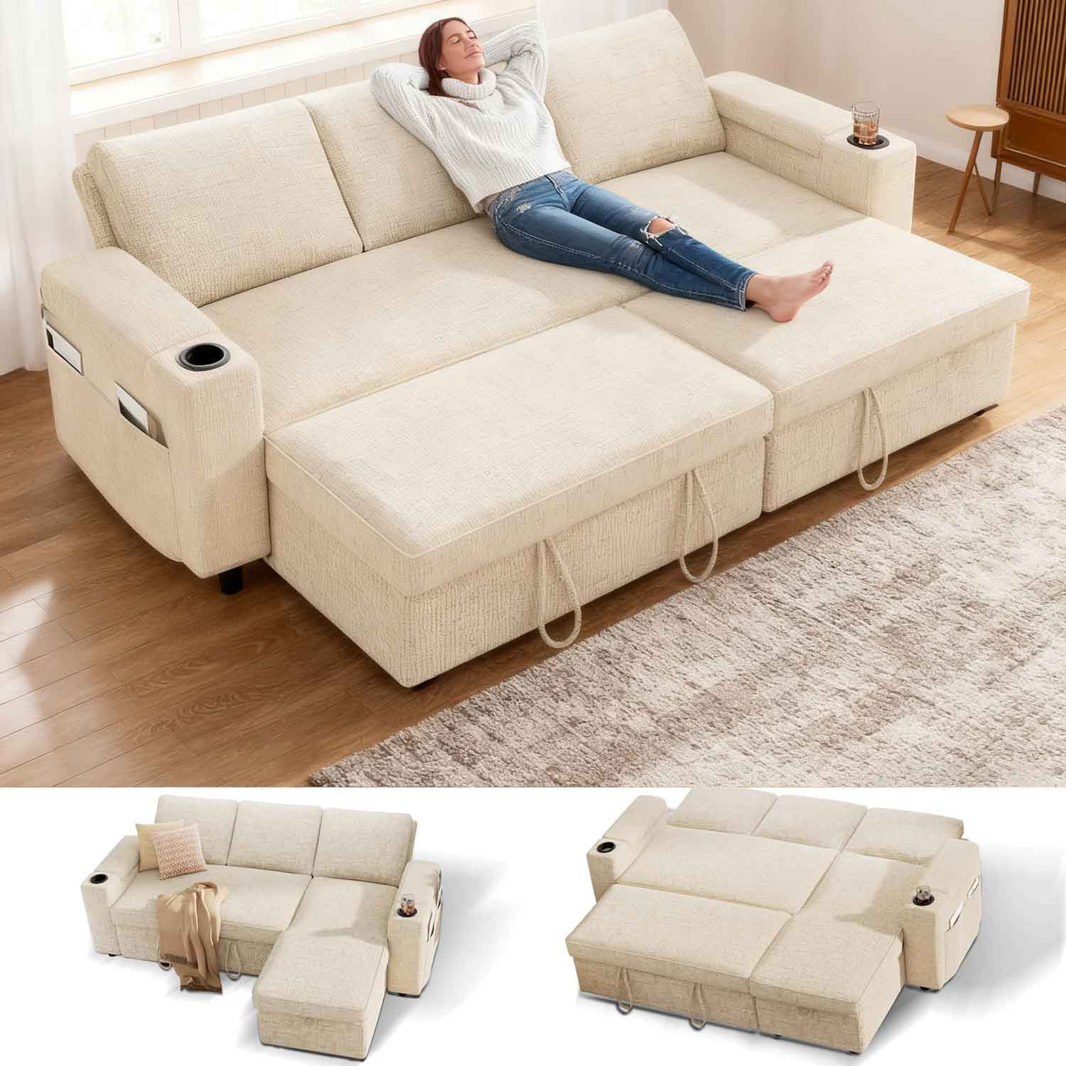 Front. Dyonery - Dyonery 82" Sleeper Sofa Bed, 3-in-1 L-Shaped Reclining Couch with Reversible Storage Chaise, Tool-Free Assembly, Beige - Beige.