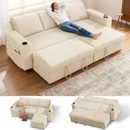 Dyonery - 82" Sleeper Sofa Bed, 3-in-1 L-Shaped Reclining Couch with Reversible Storage Chaise, Tool-Free Assembly, Beige - Beige