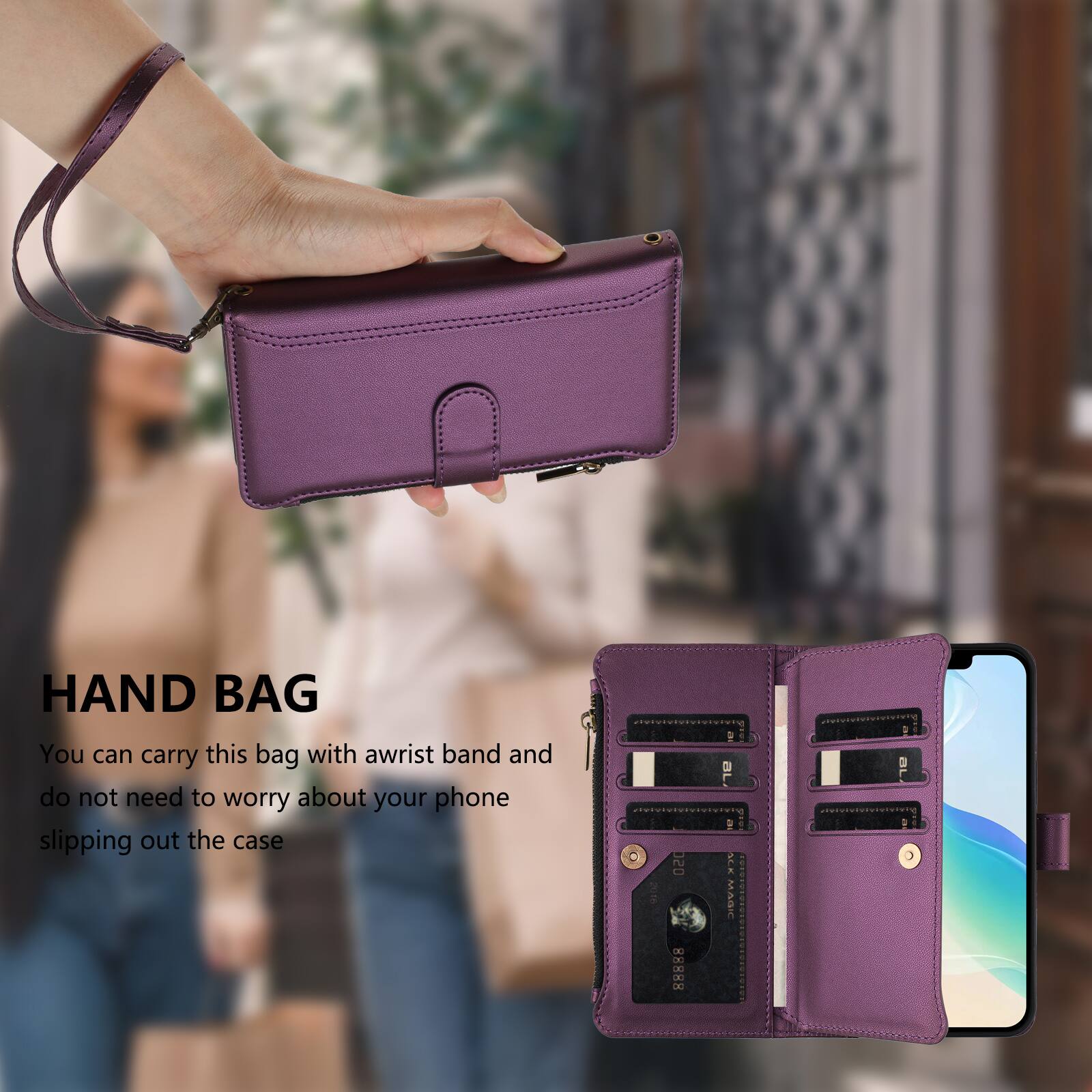 HAND BAG  
You can carry this bag with a wrist band and do not need to worry about your phone slipping out the case

OSC 88888  
ALK MAGIC