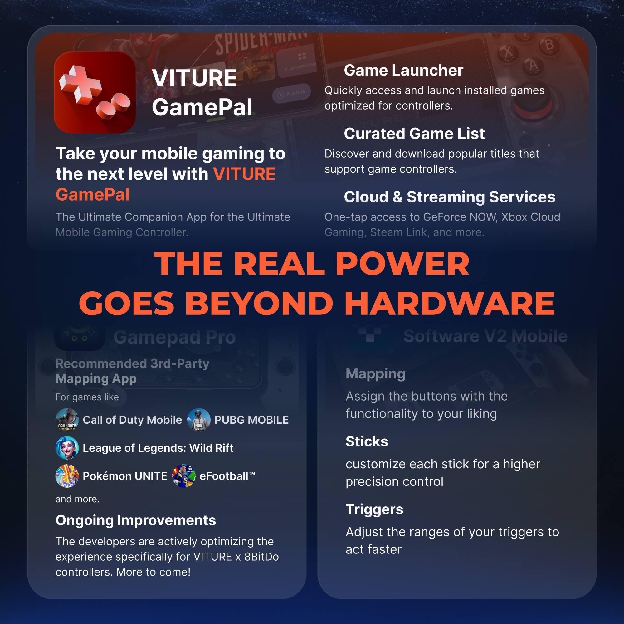 **VITURE GamePal**

Take your mobile gaming to the next level with VITURE GamePal  
The Ultimate Companion App for the Ultimate Mobile Gaming Controller.

**THE REAL POWER GOES BEYOND HARDWARE**

**Gamepad Pro**  
Recommended 3rd-Party Mapping App  
For games like:  
- Call of Duty Mobile  
- PUBG MOBILE  
- League of Legends: Wild Rift  
- Pokémon UNITE  
- eFootball™  
and more.

**Ongoing Improvements**  
The developers are actively optimizing the experience specifically for VITURE x 8BitDo controllers. More to come!

**Game Launcher**  
Quickly access and launch installed games optimized for controllers.

**Curated Game List**  
Discover and download popular titles that support game controllers.

**Cloud & Streaming Services**  
One-tap access to GeForce NOW, Xbox Cloud Gaming, Steam Link, and more.

**Software V2 Mobile**  
- Mapping: Assign the buttons with the functionality to your liking  
- Sticks: Customize each stick for a higher precision control  
- Triggers: Adjust the ranges of your triggers to act faster
