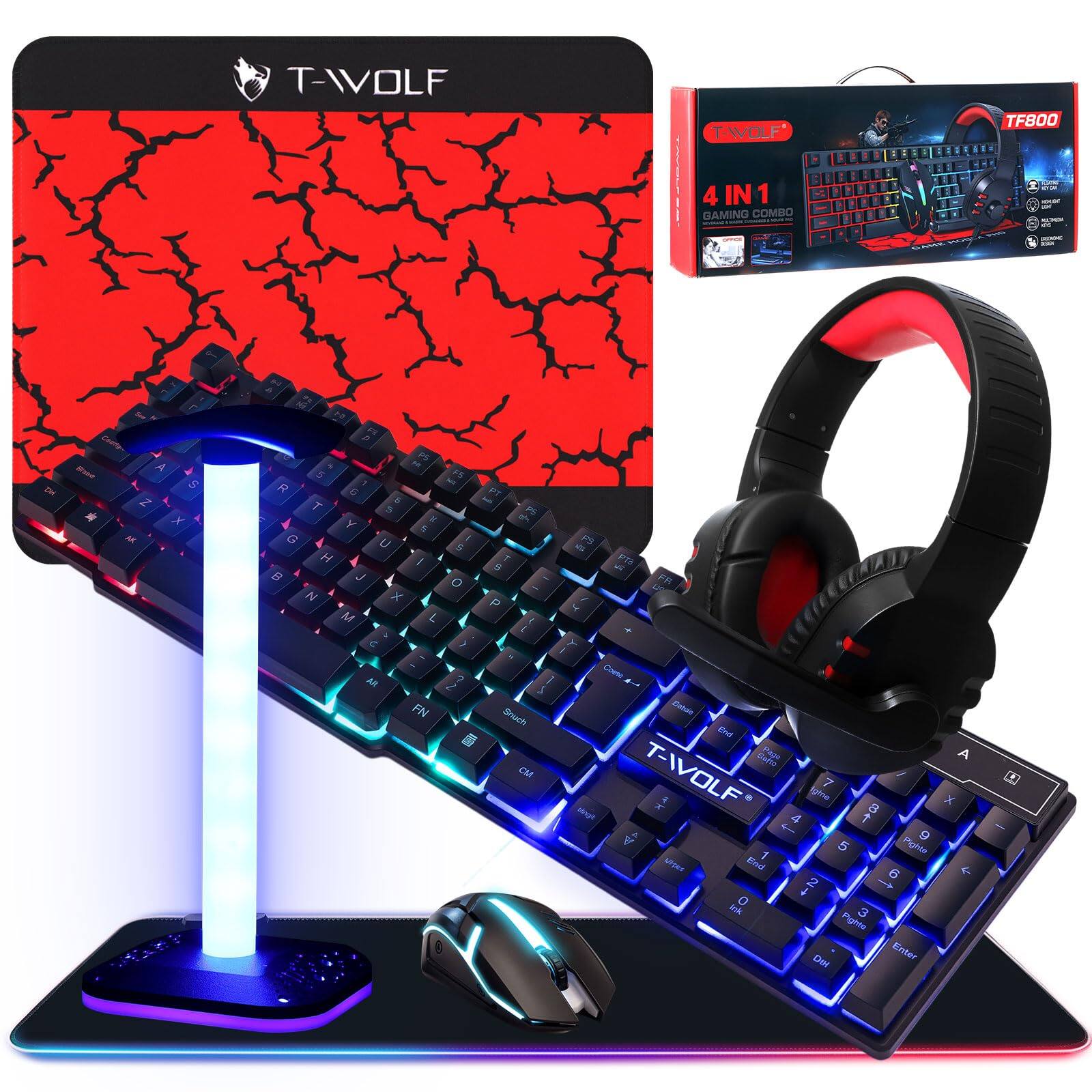 T-WOLF | T-WOLF 4 IN 1 GAMING COMBO - TF800

- 1 x Mechanical Keyboard
- 1 x Gaming Mouse
- 1 x Gaming Mouse Pad
- 1 x Gaming Headset

Features:
- RGB Backlit Keyboard
- Wired Gaming Mouse
- Wired Gaming Headset
- Durable and Comfortable Design
- High-Quality Audio

T-WOLF TF800