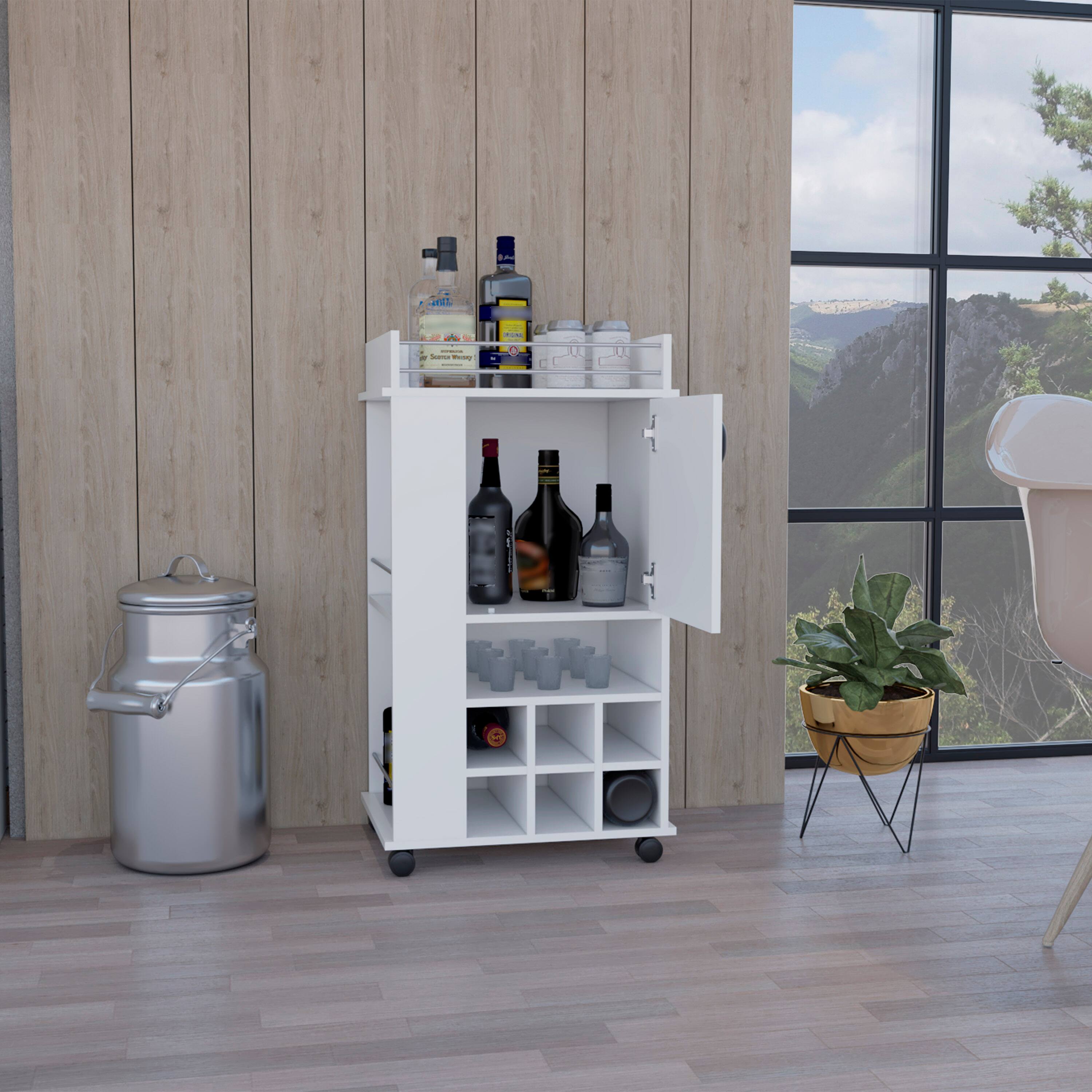 Back. TuHome - Fargo Bar Cart with Cabinet, 6 Built-In Wine Rack And Casters, Bar Room or Living Room - White.