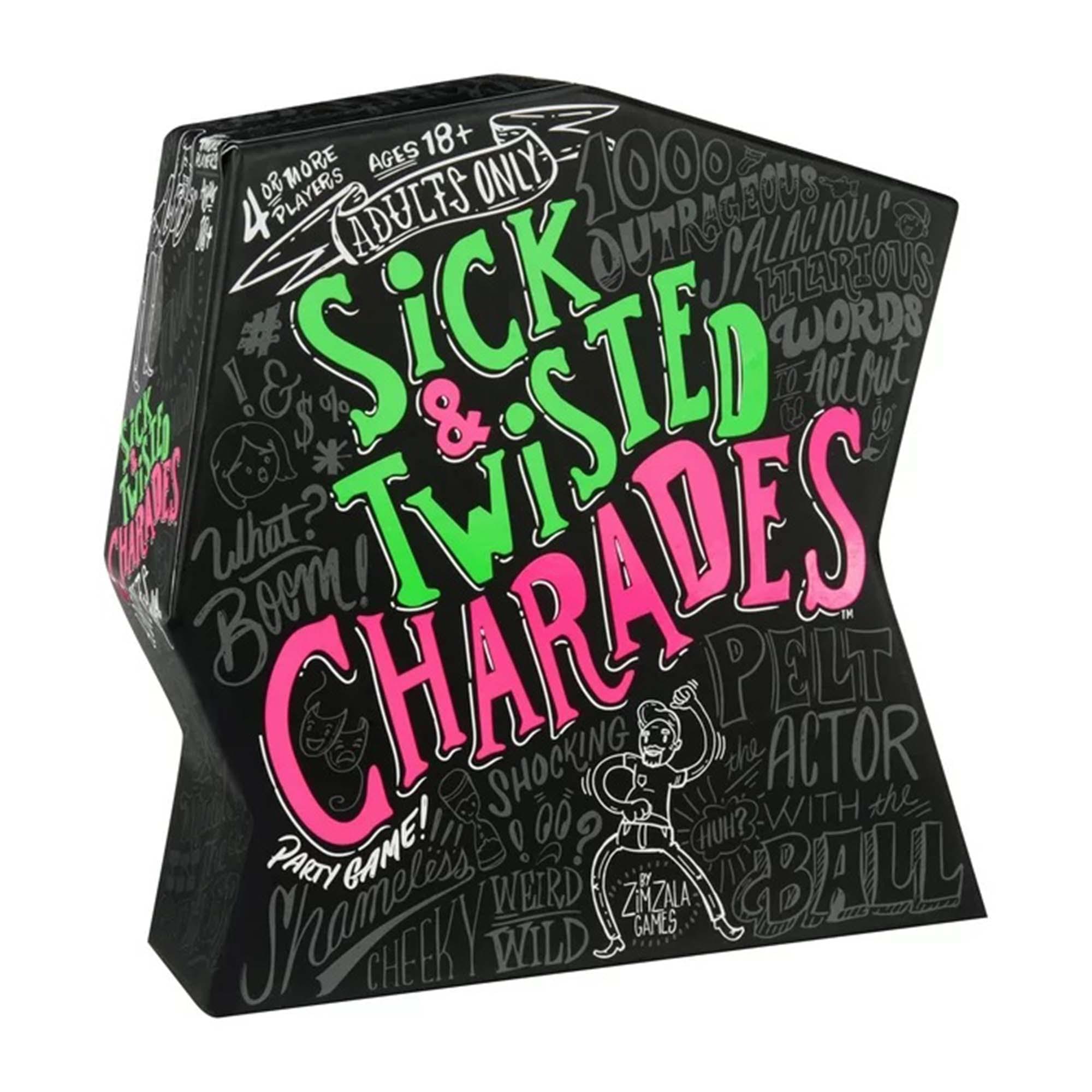 Sick & Twisted Charades

Adults Only
4 or More Players
Ages 18+

1000 Outrageous, Salacious, Hilarious, Sick Twisted Words

Boom! What?
Pelt the Actor with the Ball
Shocking the Game!
Weird Zaznla Ball
Cheeky Wild Games

Party Game!