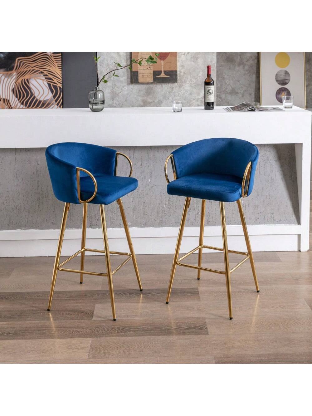 Back. Trinkets Crazed - 26" Velvet Counter Stools Set Of 2, Luxury Bar Chair With Low Back and Gold Legs For Kitchen Island - Blue.