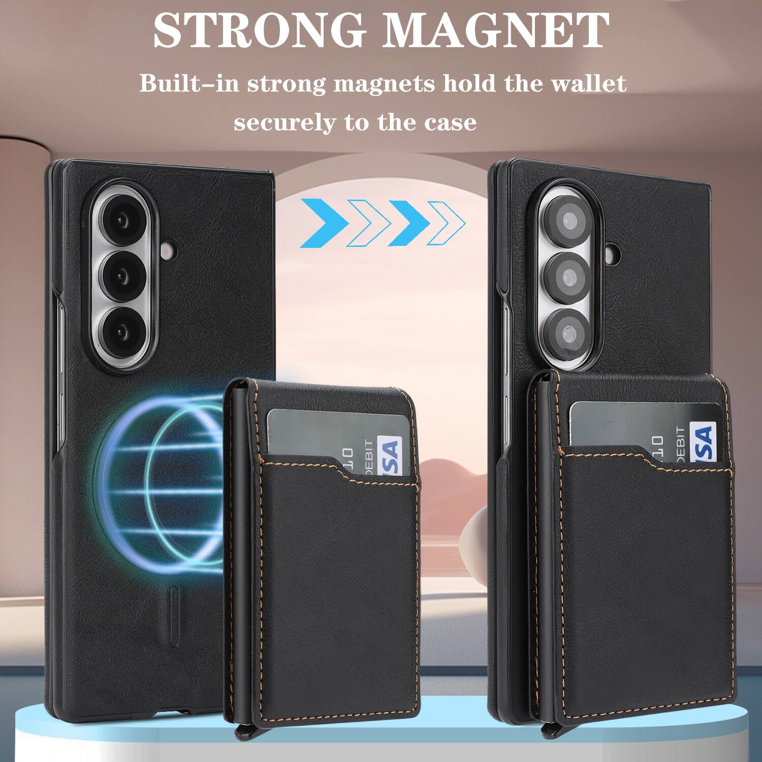 STRONG MAGNET  
Built-in strong magnets hold the wallet securely to the case  

EBIT SA  
10 DEBIT SA