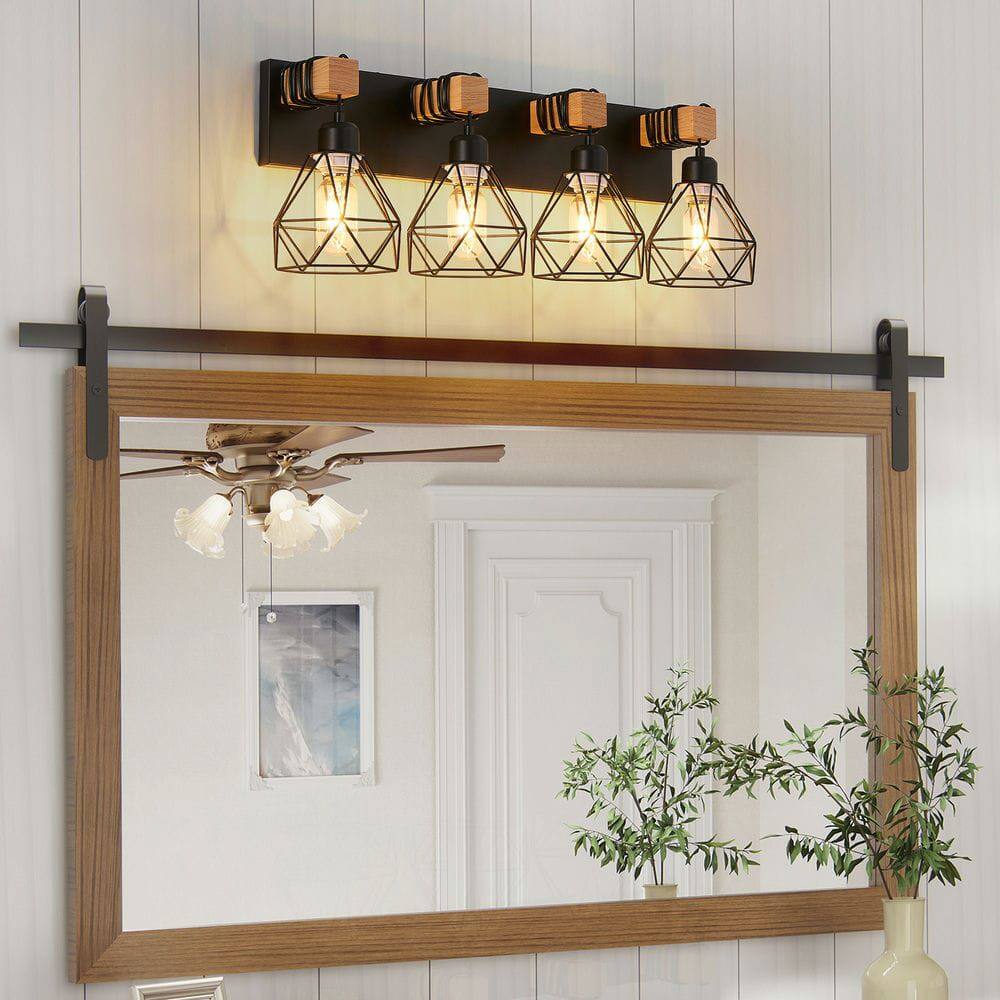 Alt View 5. Kadyn - 24" Modern Geometric 4-Light Vanity Light Fixture with Black Metal, Wooden Accents and Cage Lampshade, Black - Black.