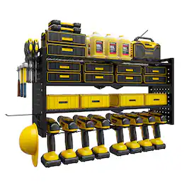 TinyHomie - 33 in. Wall-Mounted Power Tool Organizer with Charging Station Drill Rack with Hooks and 8-Outlet Holder in Black