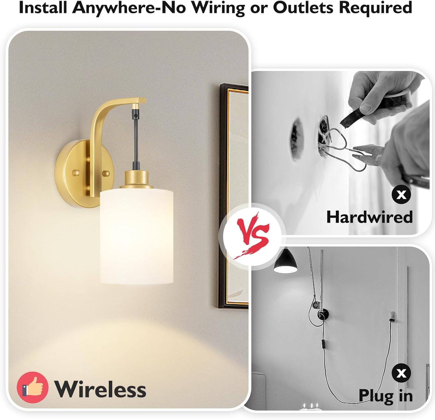 Install Anywhere-No Wiring or Outlets Required

Wireless

VS

Hardwired

Plug in