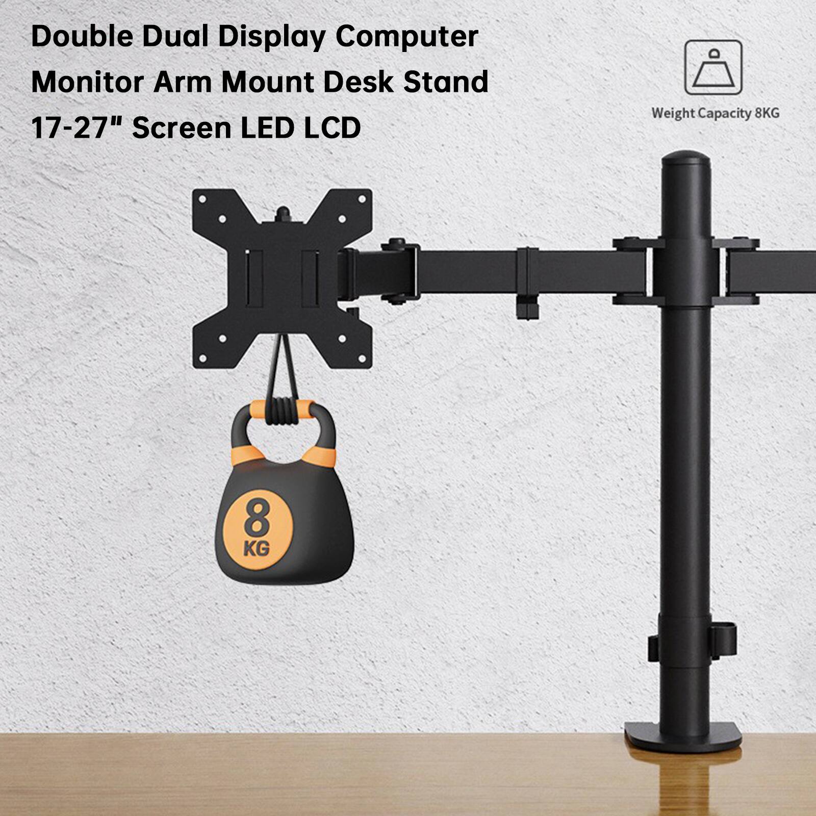 Double Dual Display Computer Monitor Arm Mount Desk Stand 17-27" Screen LED LCD Weight Capacity 8KG