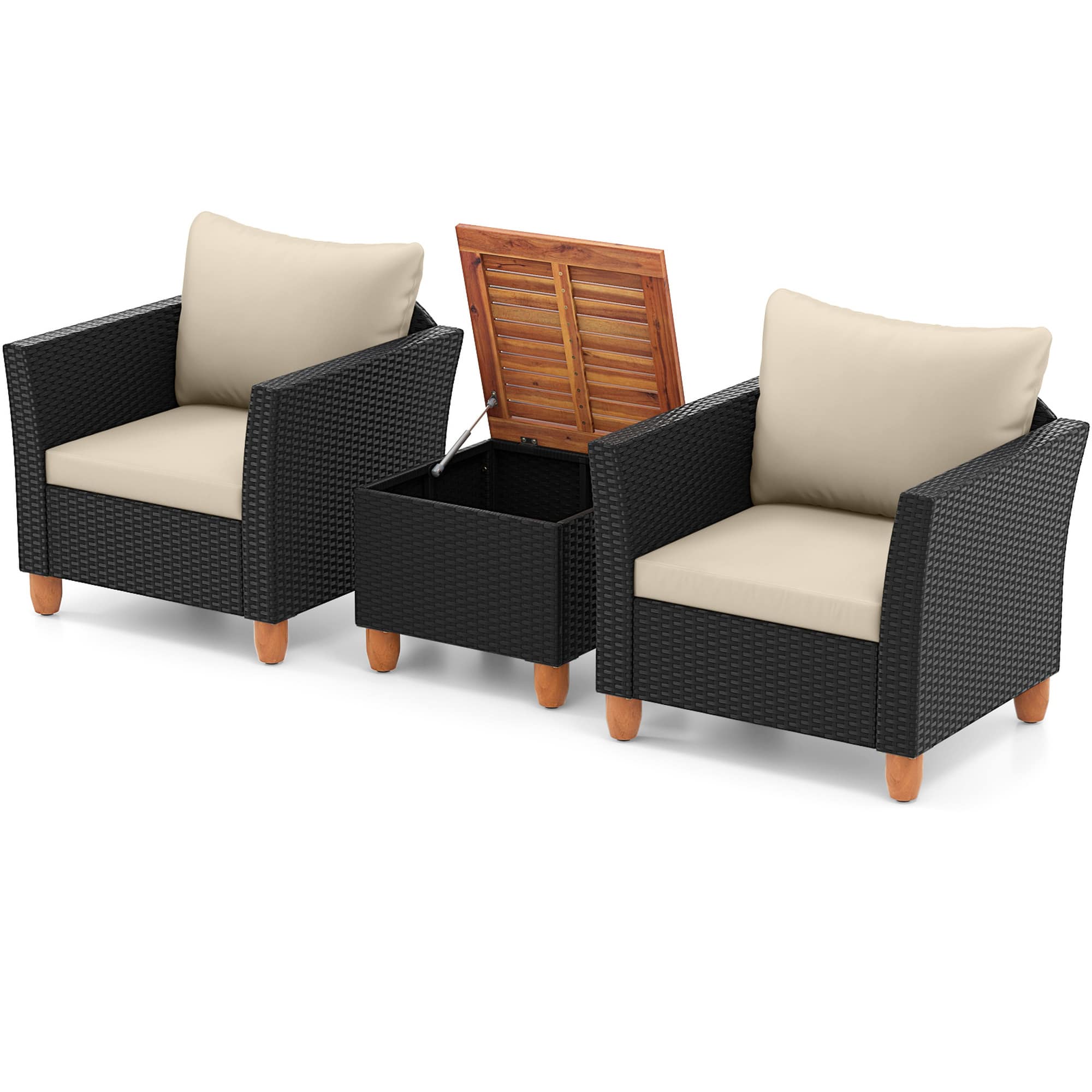 Costway - 3PCS Patio Rattan Furniture Set Cushioned Sofa Storage Table with Wood Top - White