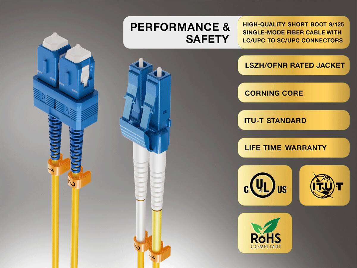 HIGH-QUALITY SHORT BOOT 9/125 PERFORMANCE & SINGLE-MODE FIBER CABLE WITH SAFETY LC/UPC TO SC/UPC CONNECTORS

LSZH/OFNR RATED JACKET

CORNING CORE

ITU-T STANDARD

LIFE TIME WARRANTY

UL
US
ITU-T
ROHS COMPLIANT