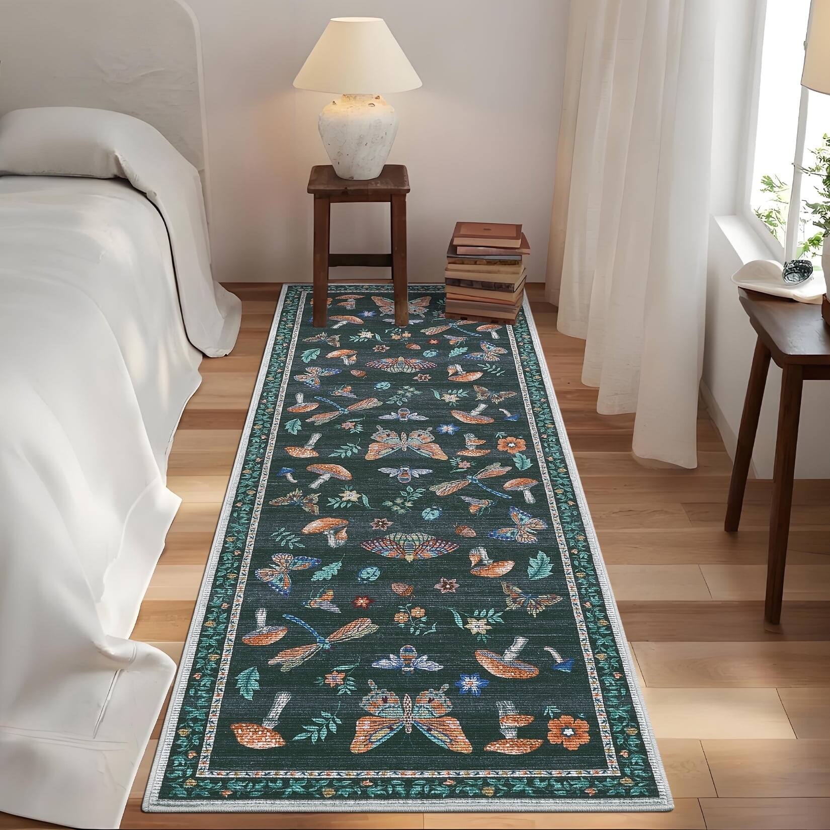 Front. Homhougo - 2x6 Insect Floral Rug, Washable, Non-Slip, Black - Black.