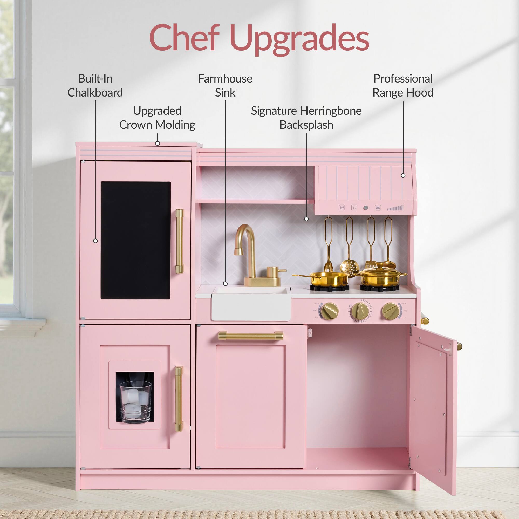 Chef Upgrades: Built-In Chalkboard, Farmhouse Sink, Upgraded Crown Molding, Signature Herringbone Backsplash, Professional Range Hood