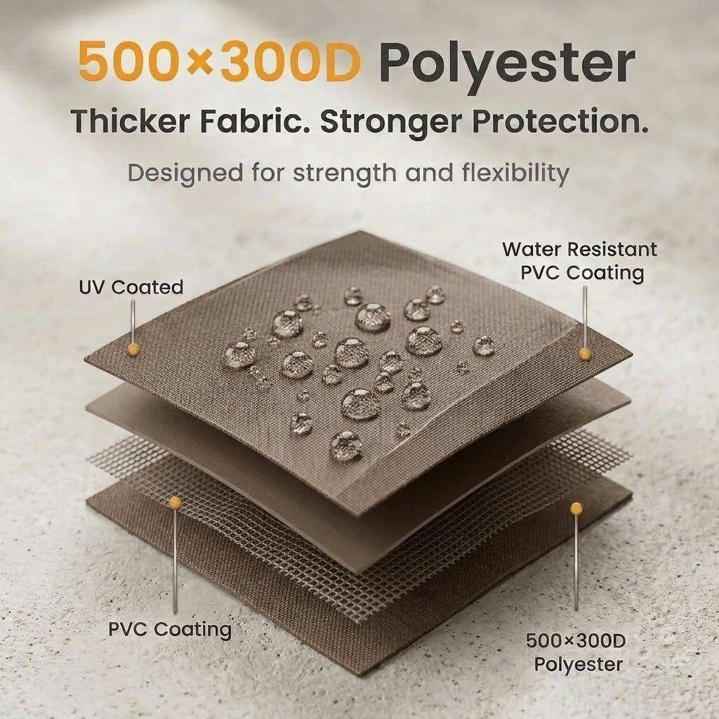 500x300D Polyester  
Thicker Fabric. Stronger Protection.  
Designed for strength and flexibility  
UV Coated  
Water Resistant PVC Coating  
PVC Coating  
500x300D Polyester