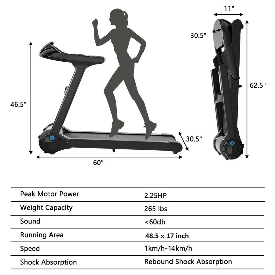 Running Machine Dims Gymax 2.25HP Electric Folding Fitness Treadmill w/APP Heart Rate Black ...