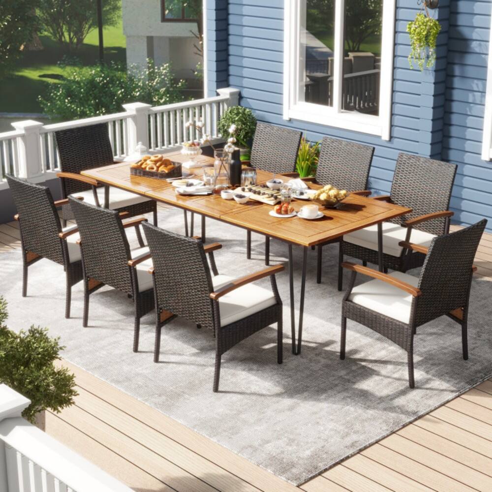 Angle. Mondawe - 9 Pieces Outdoor Patio Dining Set with Acacia Wood Square Table and Umbrella Hole - Mix Brown.
