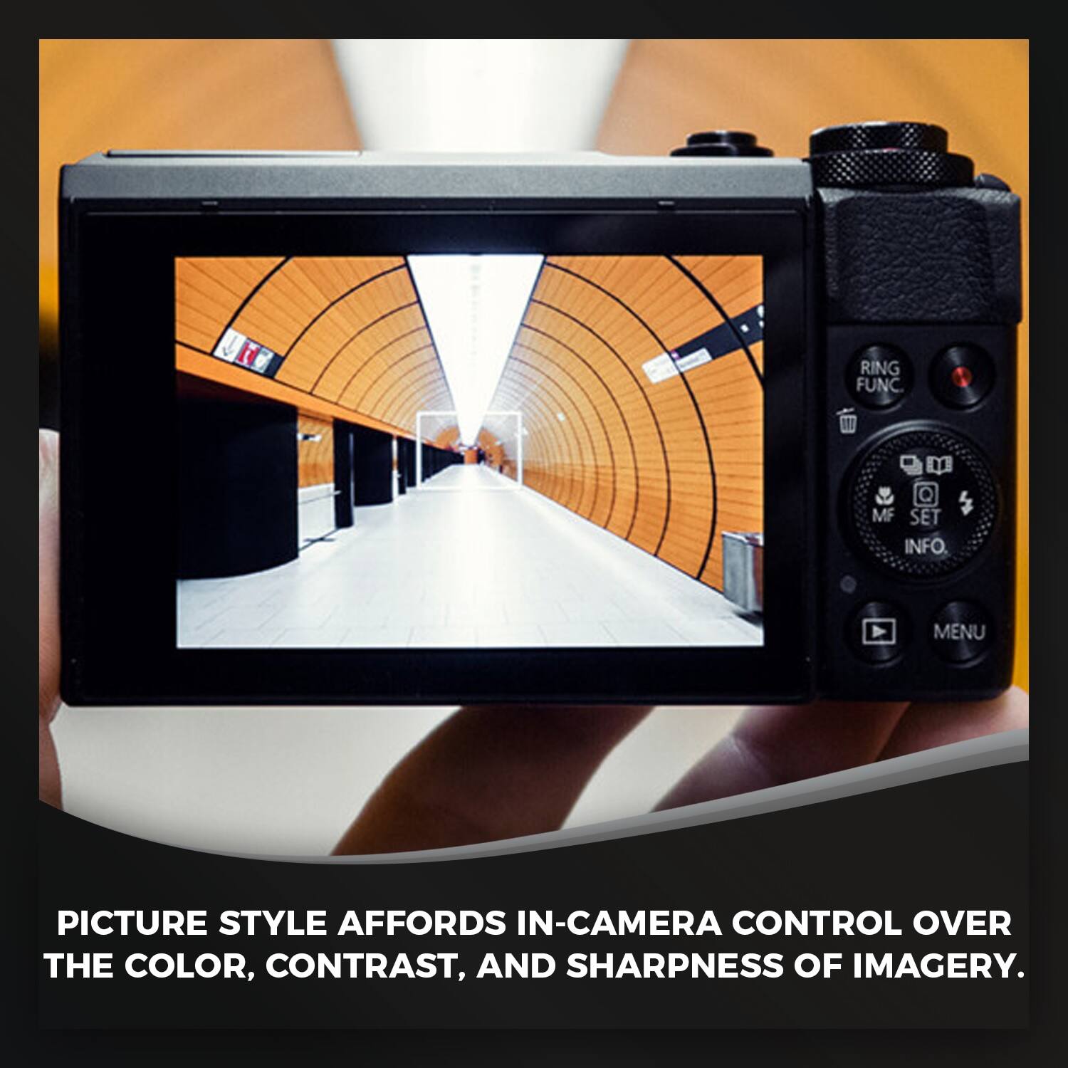 PICTURE STYLE AFFORDS IN-CAMERA CONTROL OVER THE COLOR, CONTRAST, AND SHARPNESS OF IMAGERY.