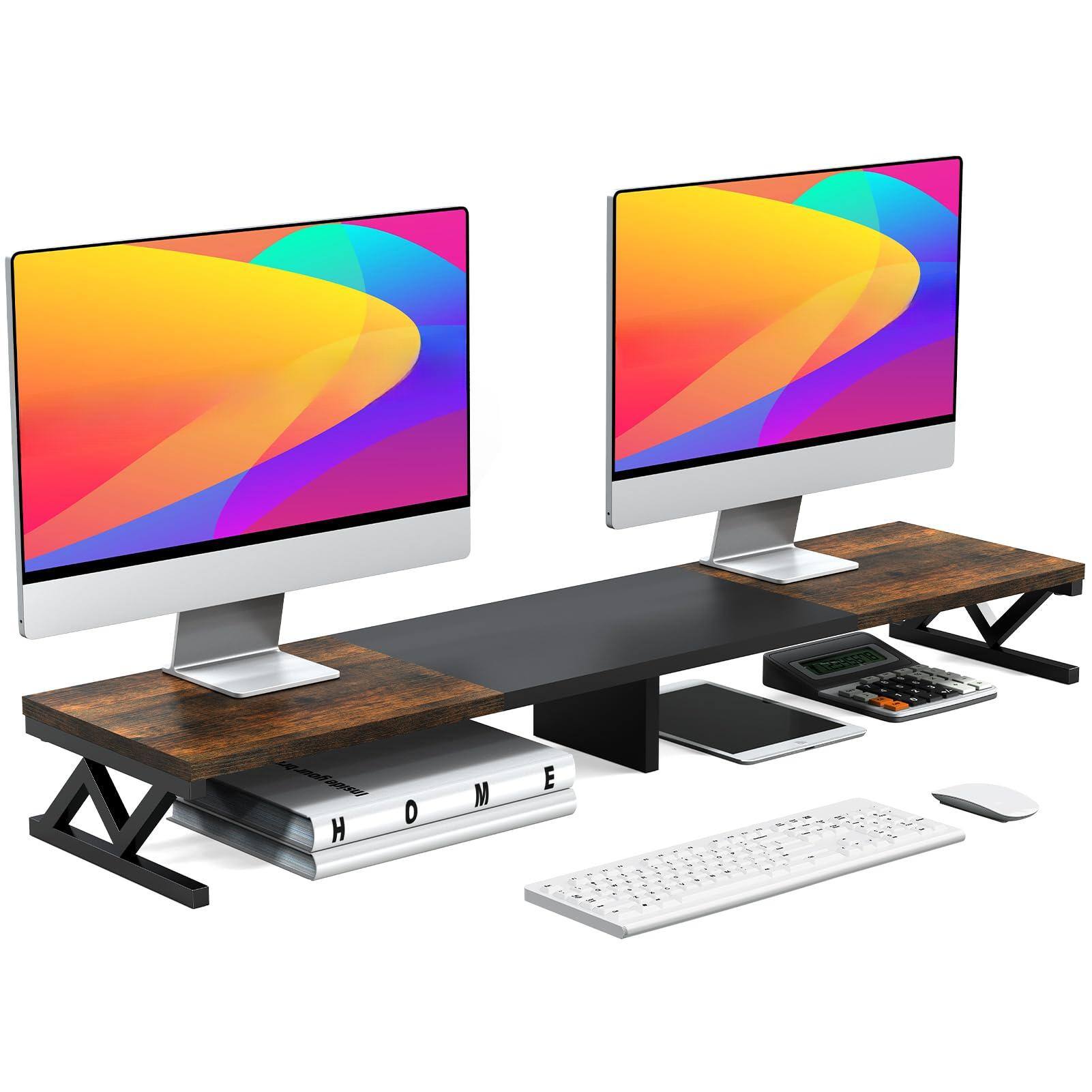 ThinkLink Electronic Dual Monitor Stand Riser Large Wood Monitors Lift ...