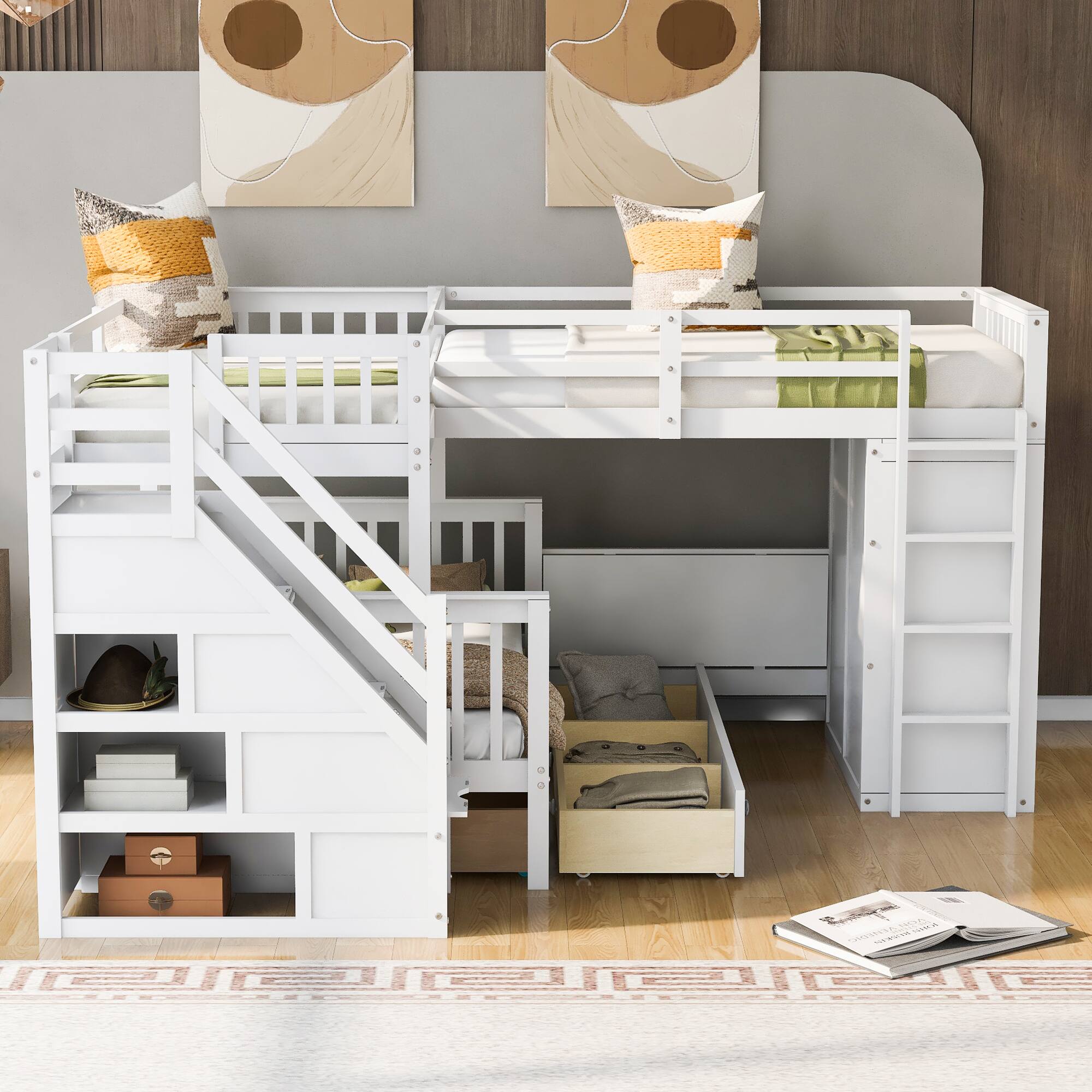 Angle. Tiramisubest - Twin-Twin L-Shaped Bunk Bed, 3 Drawers, Portable Desk, Wardrobe, White - White.