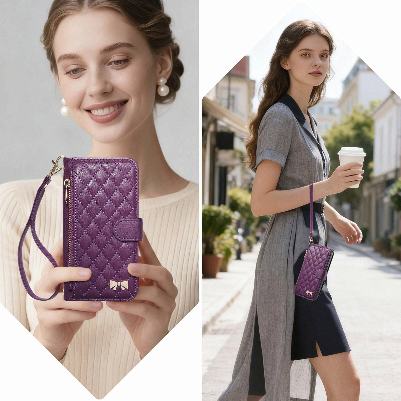 Alt View 4. Dteck - Zipper Pocket Leather Wallet Case for Samsung Galaxy S26 FE with Wrist Strap, Shockproof Folio Stand Protective Cover - Purple.