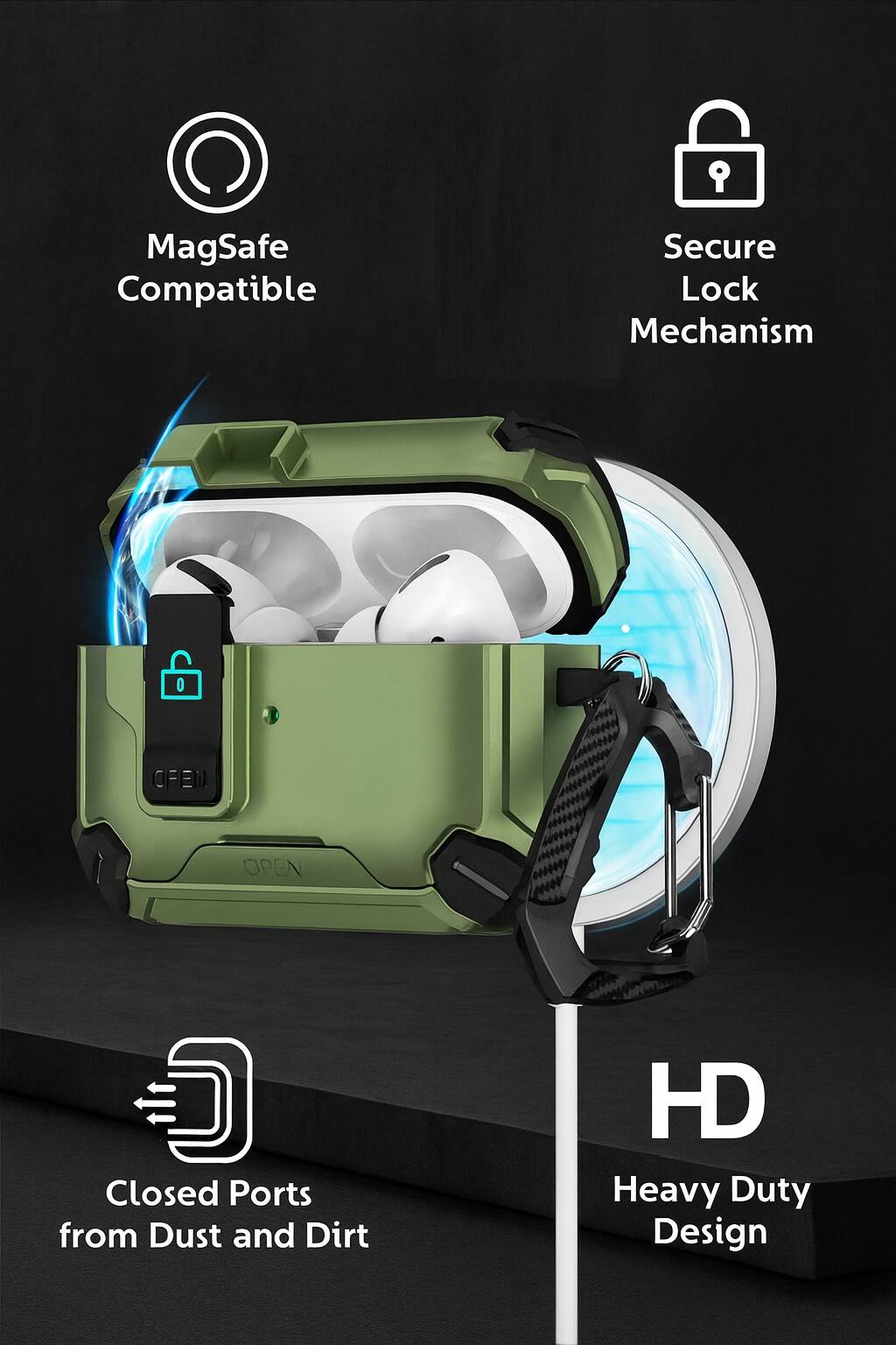 - MagSafe Compatible
- Secure Lock Mechanism
- Closed Ports from Dust and Dirt
- HD Heavy Duty Design