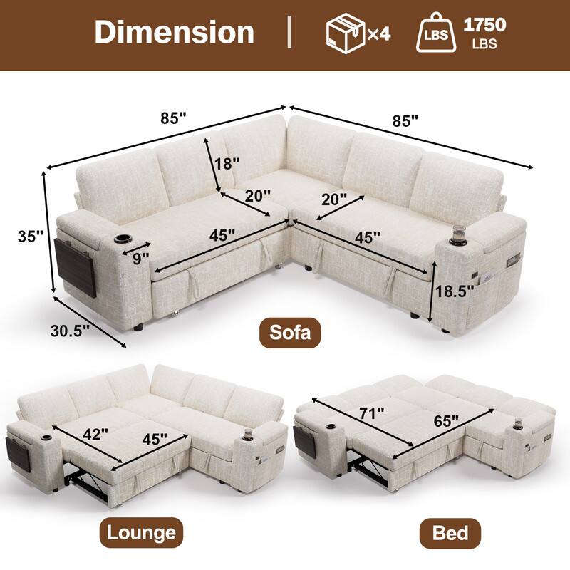 Dimension  
Sofa: 85" x 45" x 35" x 18" x 20" x 18.5"  
Lounge: 42" x 45" x 30.5"  
Bed: 71" x 65"  
Weight: 1750 LBS  
Boxes: x4