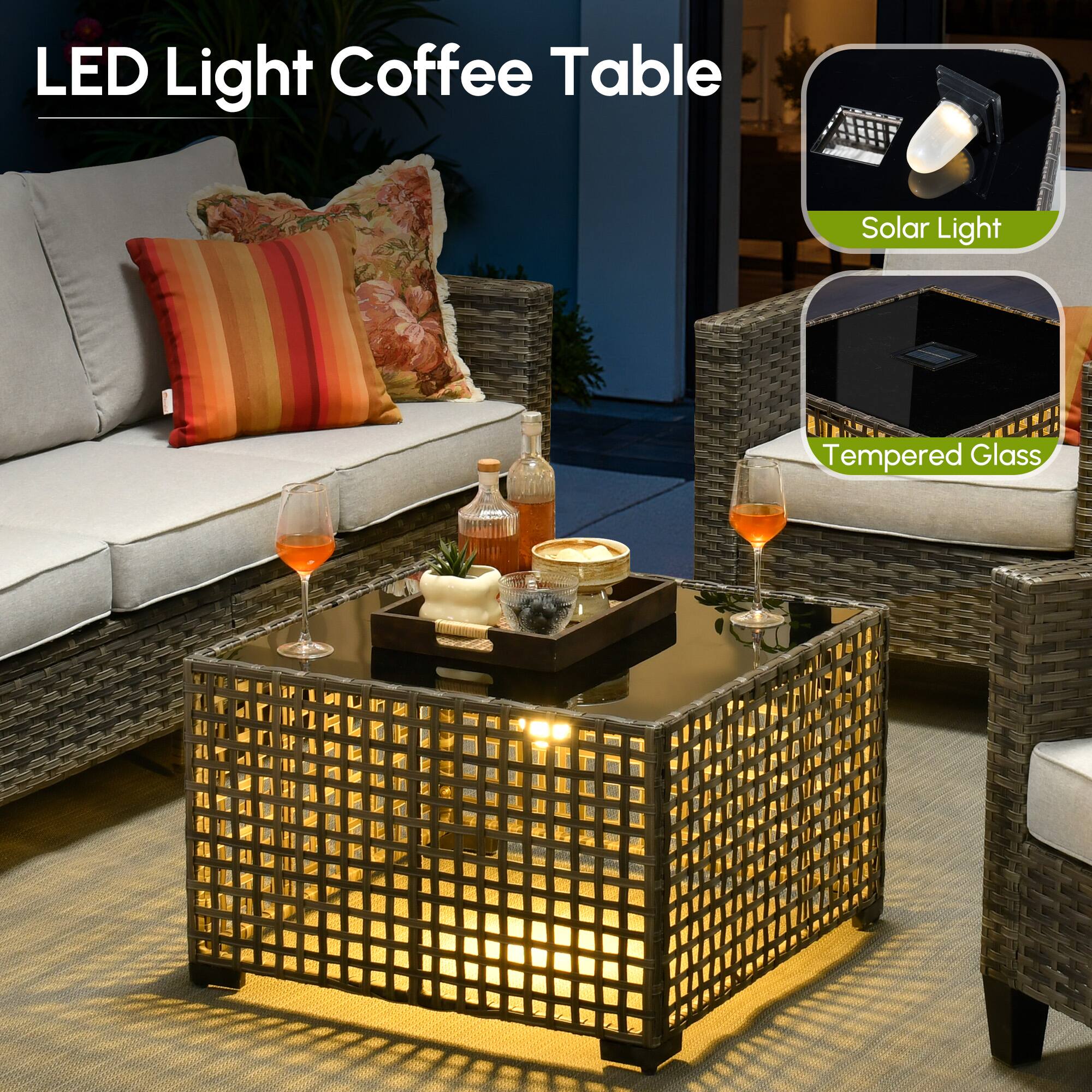 LED Light Coffee Table - Solar Light Tempered Glass