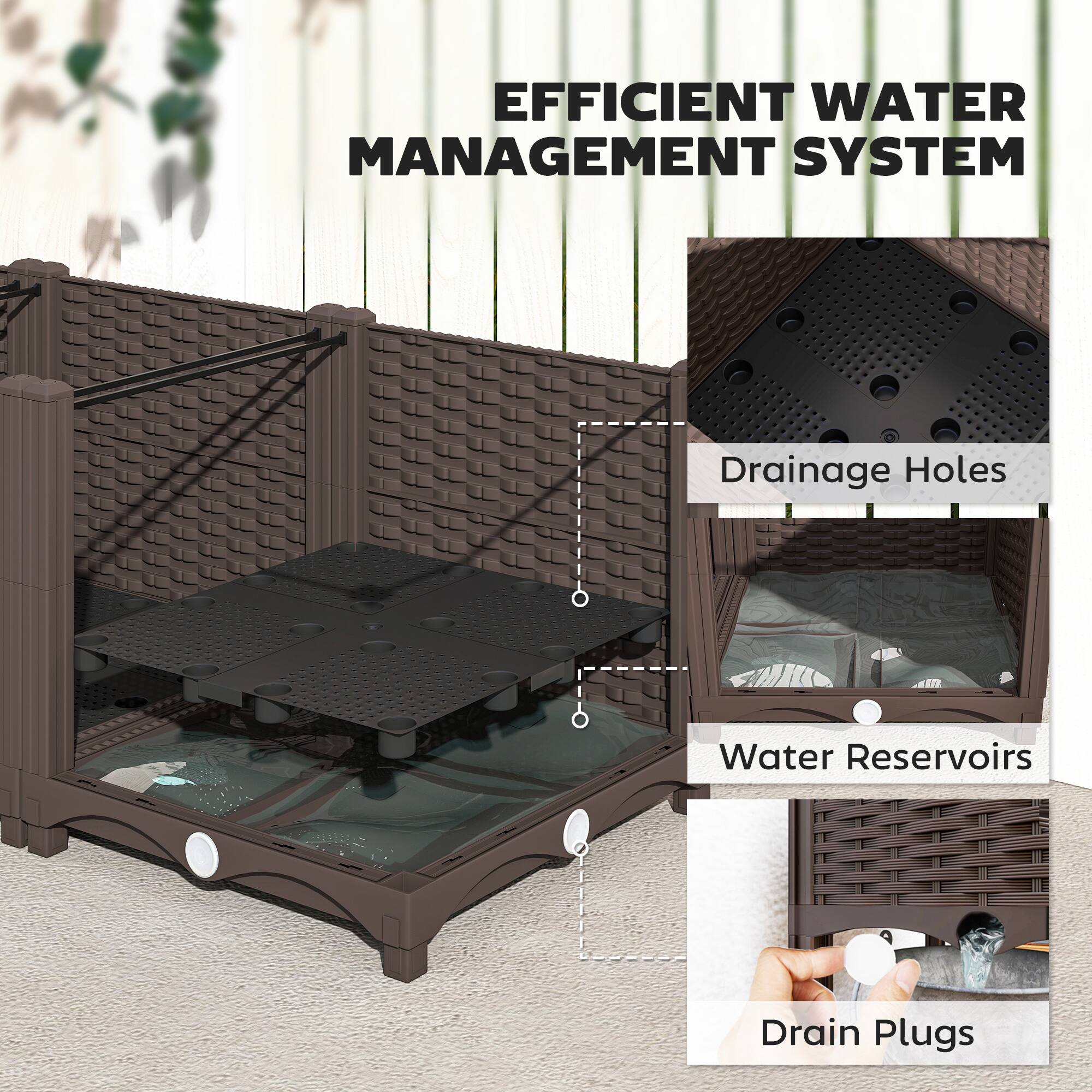 Efficient Water Management System: Drainage Holes, Water Reservoirs, Drain Plugs.