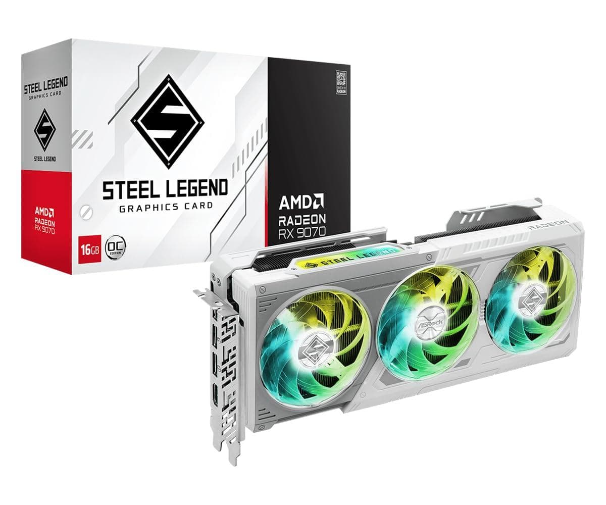 Dazzling Pops - ASRock Radeon RX 9060 XT Steel Legend GDDR6 OC Graphics Card | Boost | Triple Fan | 0dB Cooling | Metal