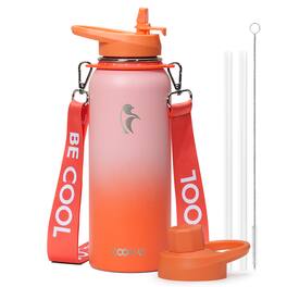 Coolflask - Insulated Water Bottle with Strap - Straw & Spout Lids - Keep Cold 48h - 40oz Orange